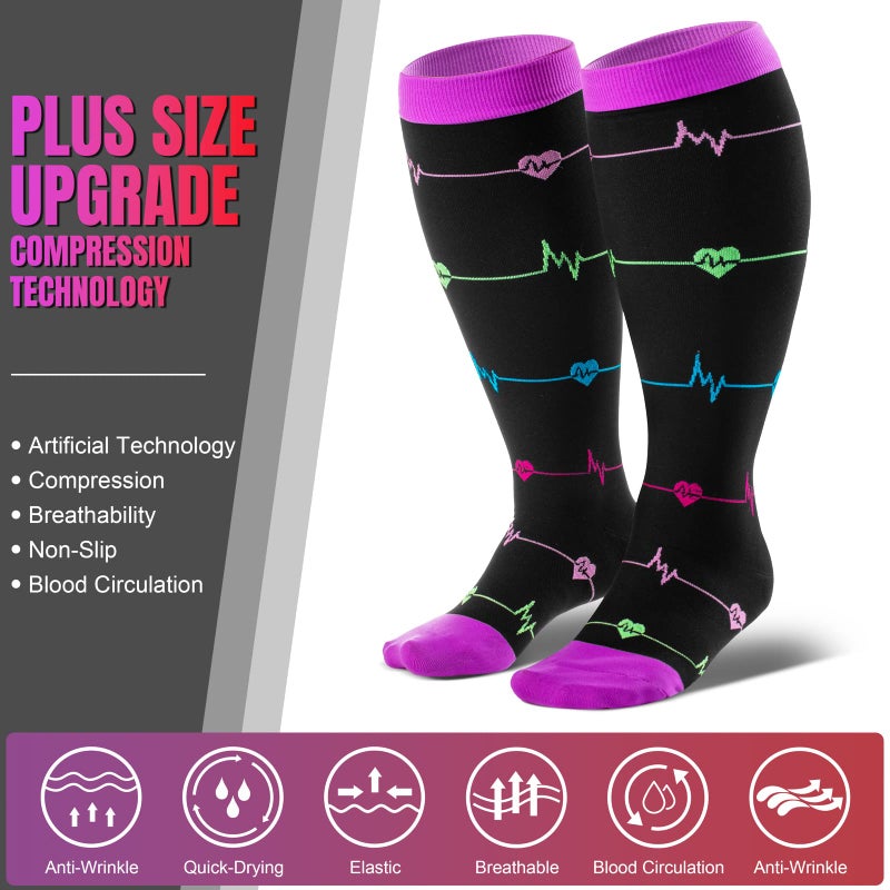 cerpite 3 Pairs Plus Size Compression Socks Wide Calf for Women & Men 20-30 mmhg-Extra Wide Calf Knee High Support Socks for Nurse - Image 2
