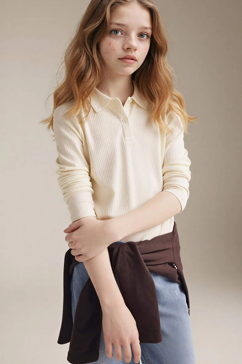DeFacto Girl Slim Fit Long Sleeve Polo T-Shirt