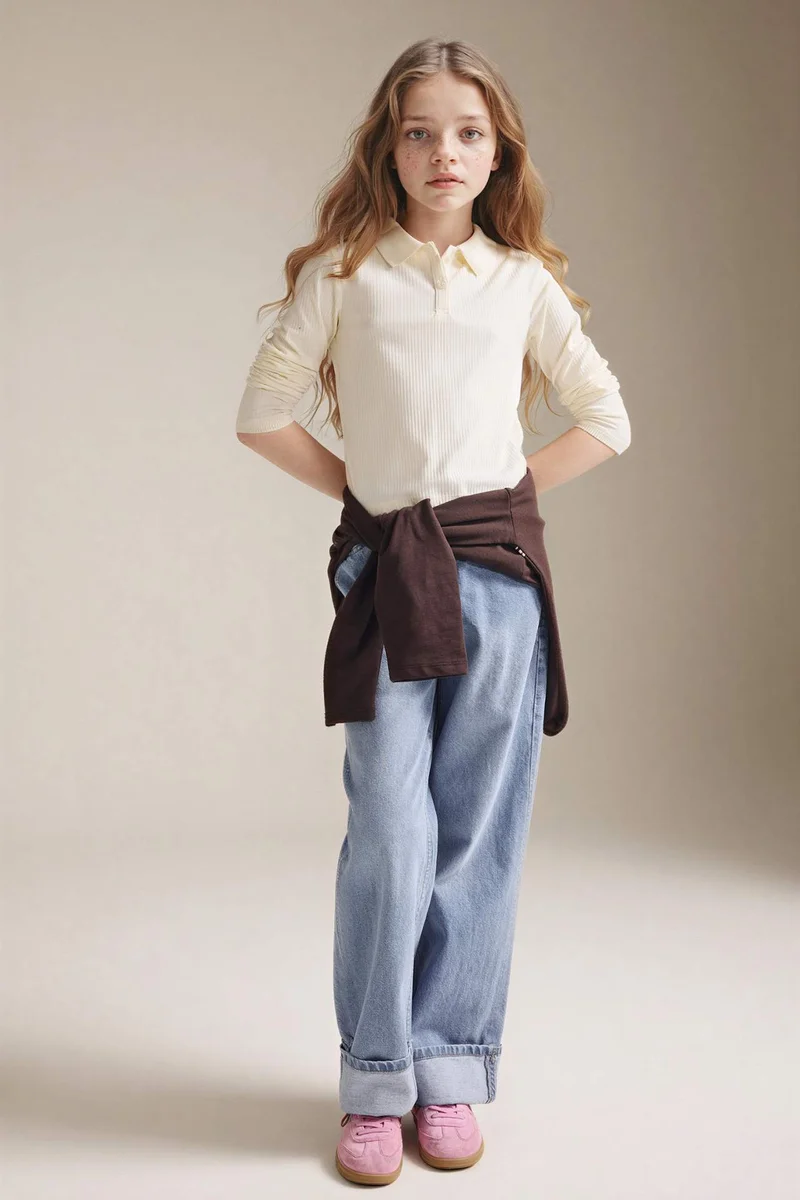 DeFacto Girl Slim Fit Long Sleeve Polo T-Shirt