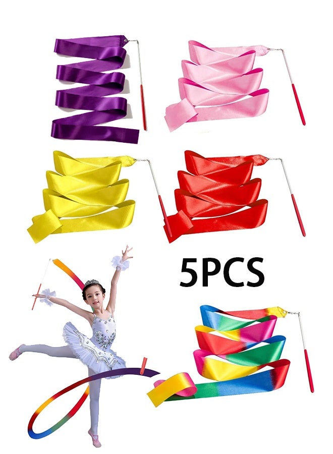 GMORO Streamers Rhythmic Dance Ribbons, 5 Pieces Rainbow Streamers Rhythmic Gymnastics Ribbon Baton Twirling Wands on Sticks for Kids Artistic Dancing - Image 1