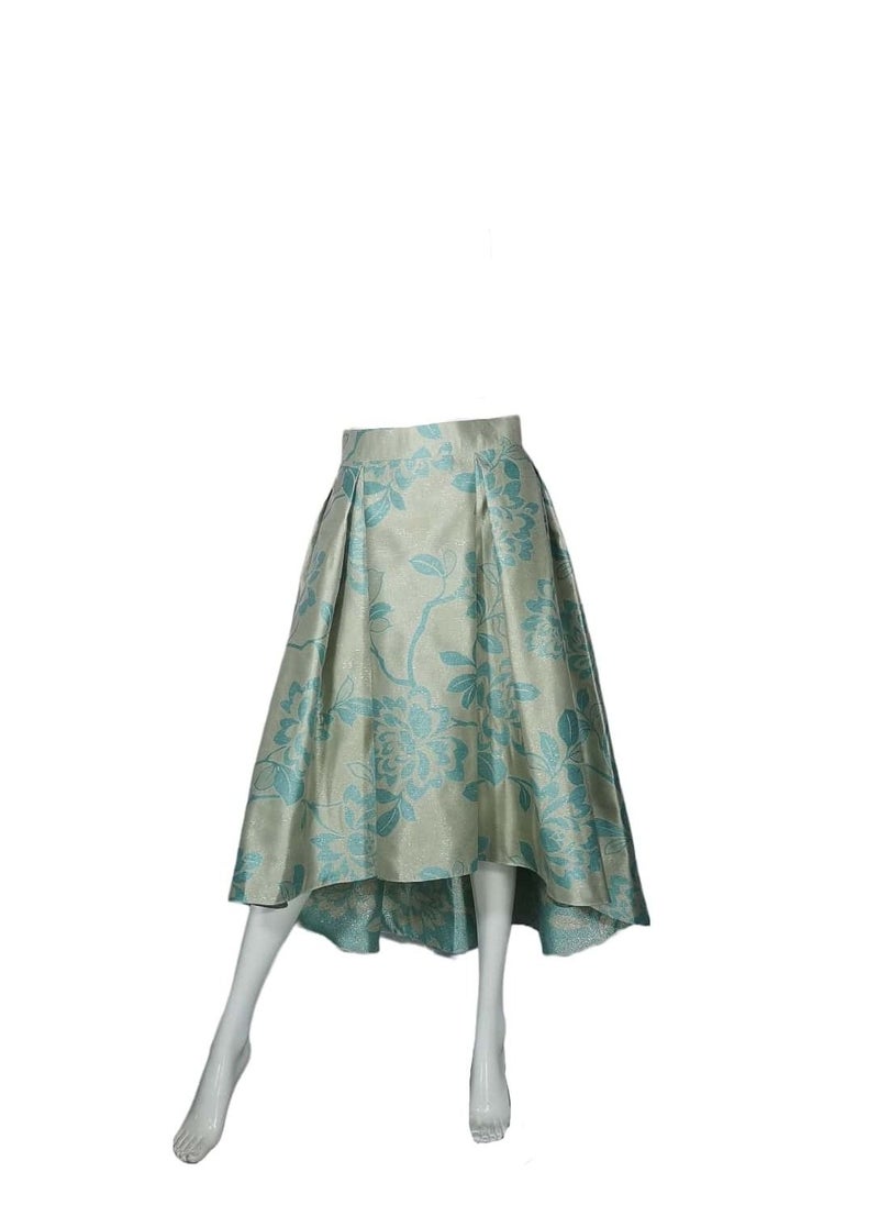 Sana'a Kayum Champagne With Turquoise Jacquard Box Pleated Skirts By Sanaa Kayum  - Image 3