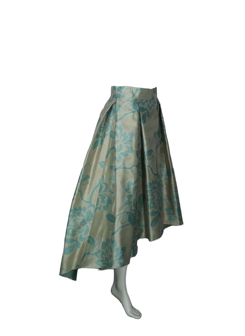 Sana'a Kayum Champagne With Turquoise Jacquard Box Pleated Skirts By Sanaa Kayum  - Image 2