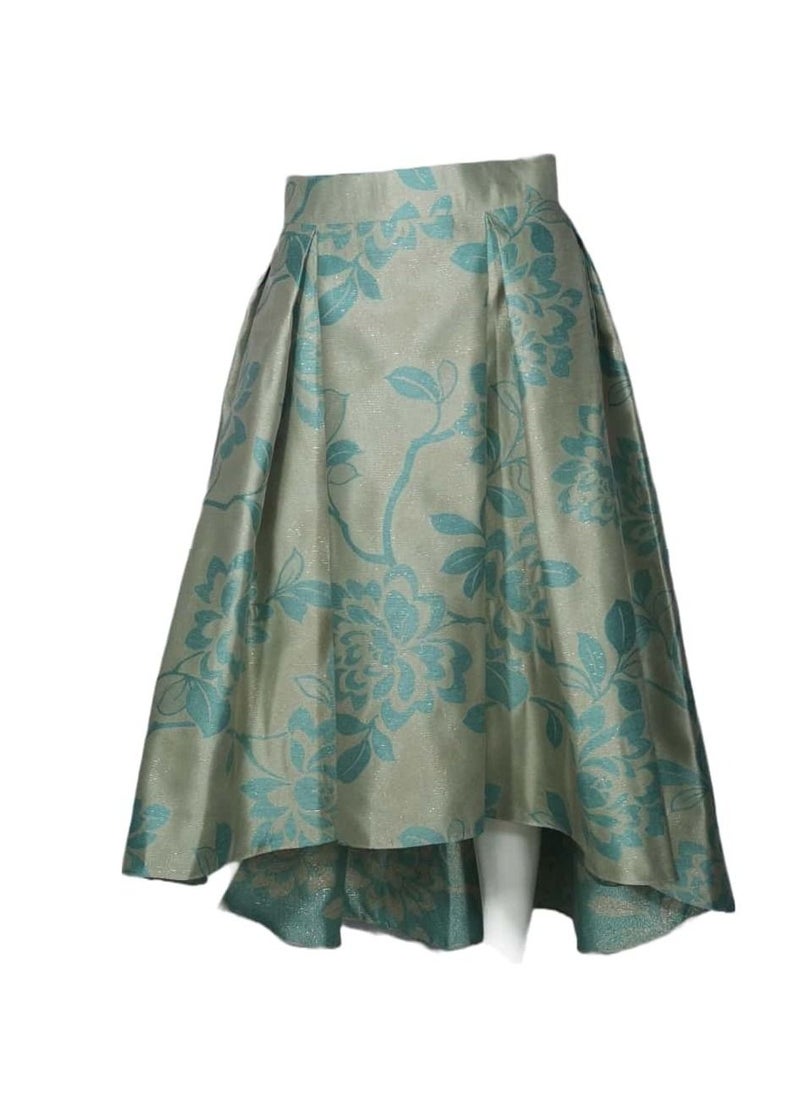 Sana'a Kayum Champagne With Turquoise Jacquard Box Pleated Skirts By Sanaa Kayum  - Image 1