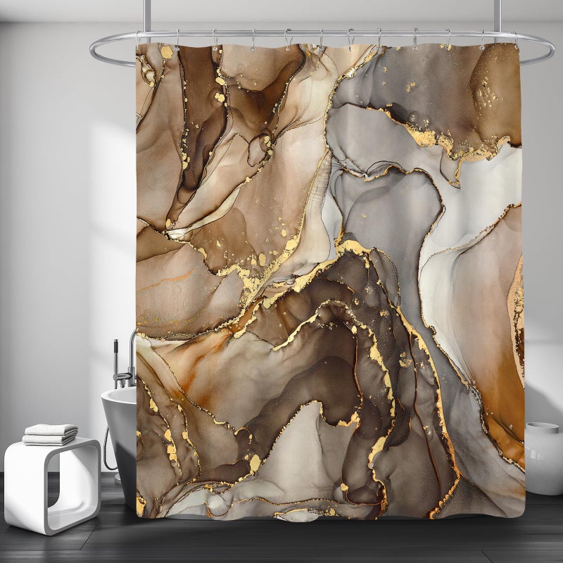 BayNook Brown Marble Shower Curtain, Modern Abstract Fabric Shower Curtain for Bathroom, Luxury Art Decor Brown Gold Ink Texture Watercolor Shower Curtain Set with Hooks 72x72 - Image 1
