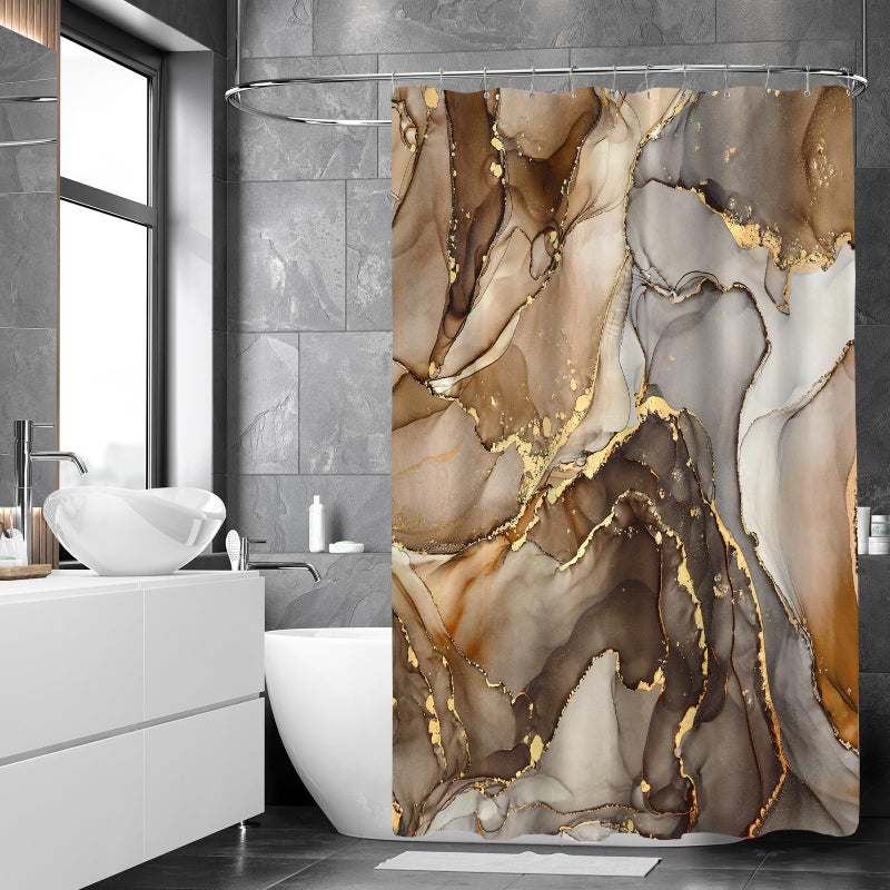 BayNook Brown Marble Shower Curtain, Modern Abstract Fabric Shower Curtain for Bathroom, Luxury Art Decor Brown Gold Ink Texture Watercolor Shower Curtain Set with Hooks 72x72 - Image 2