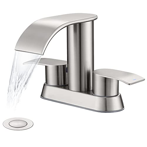 Ultimate Unicorn Waterfall Bathroom Sink Faucet Brushed Nickel, Two Handles Bathroom Faucet with Metal Pop up Sink Drain Stopper, Two Or 3 Holes Bathroom Basin Mixer Tap, Patent No. : US D983,326 S - Image 1