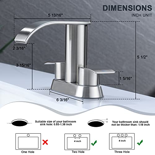 Ultimate Unicorn Waterfall Bathroom Sink Faucet Brushed Nickel, Two Handles Bathroom Faucet with Metal Pop up Sink Drain Stopper, Two Or 3 Holes Bathroom Basin Mixer Tap, Patent No. : US D983,326 S - Image 3
