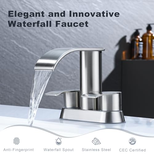 Ultimate Unicorn Waterfall Bathroom Sink Faucet Brushed Nickel, Two Handles Bathroom Faucet with Metal Pop up Sink Drain Stopper, Two Or 3 Holes Bathroom Basin Mixer Tap, Patent No. : US D983,326 S - Image 4