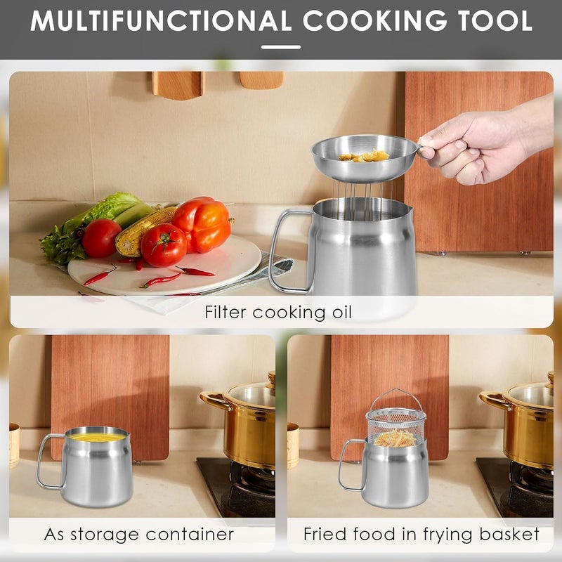 Goodern Stainless Steel Oil Filter Pot,Large Capacity Oil Filter Vessel with Fine Mesh Strainer & Frying Baske,Versatile Oil Fryer And Filter Cup,304 Stainless Steel Oil Filter Pot with Strainer - Image 5