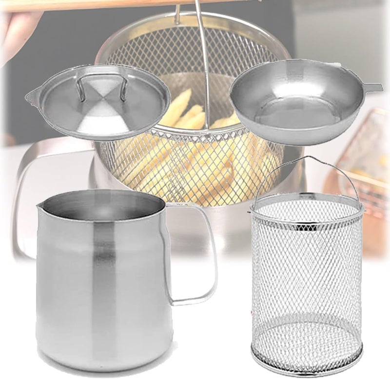 Goodern Stainless Steel Oil Filter Pot,Large Capacity Oil Filter Vessel with Fine Mesh Strainer & Frying Baske,Versatile Oil Fryer And Filter Cup,304 Stainless Steel Oil Filter Pot with Strainer - Image 1