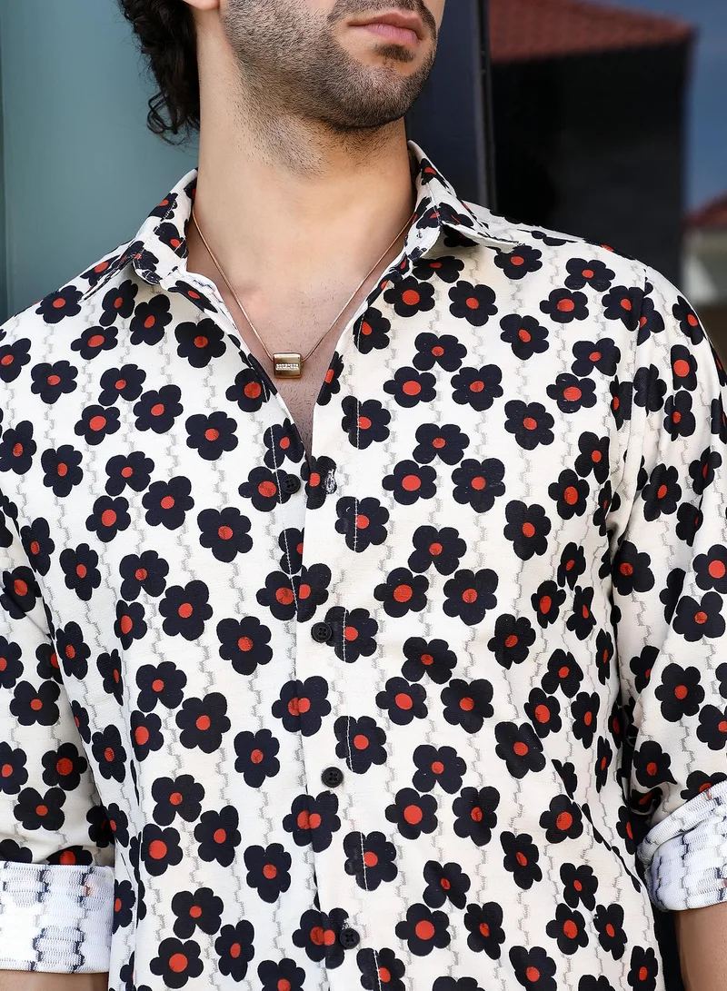 Campus Sutra Men's Onyx Black & Crimson Red Retro-Bloom Tactile Shirt