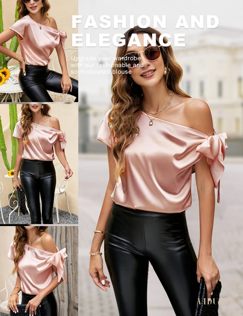 VIDUSSA Women's Off Shoulder Silk Tops Casual Short Sleeve Asymmetrical Neck Satin Blouse Shirts Light Pink L - Image 4
