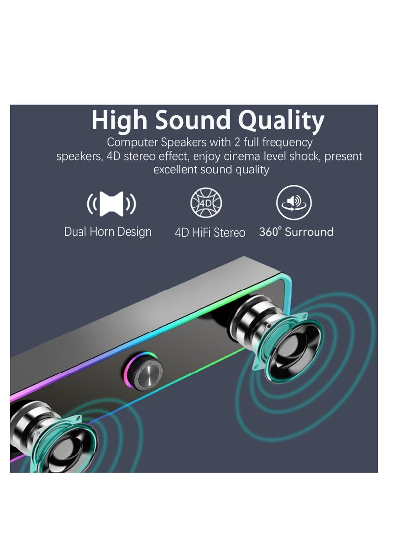 Excefore Computer Speakers for PC Desktop Monitor, Bluetooth 5.3, USB Powered Computer Soundbar with LED RGB Light, Knob Volume Control, 3.5mm Aux Input, HiFi Stereo Gaming Speakers for Desktop - Image 2