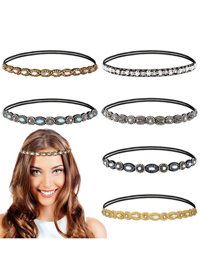 Jutom 6 Pieces Rhinestone Beaded Headbands Elastic Rhinestone Headbands Vintage Crystal Beaded Stretchy Hairbands Jewelry Hair Accessories For Women And Girls - Image 1