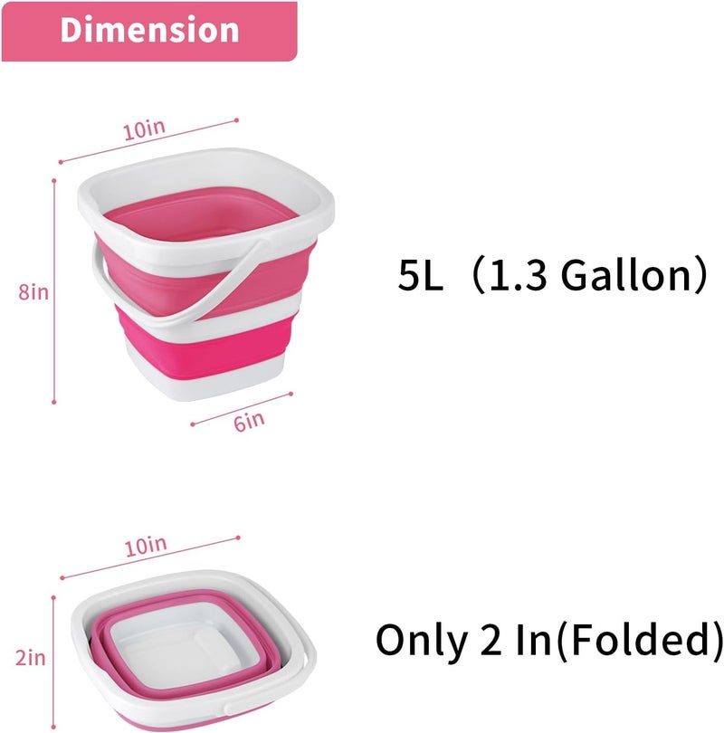 Craftend عبوة من 2 دلو قابل للطي سعة 5 لتر (1.3 جالون) دلو تنظيف صغير للاستخدام المنزلي دلو بلاستيكي محمول للاستخدام الخارجي حوض غسيل سيارات قابل للطي للتخييم والشاطئ والرمل والماء وعاء دلو موفر للمساحة مربع رمادي ووردي - Image 2
