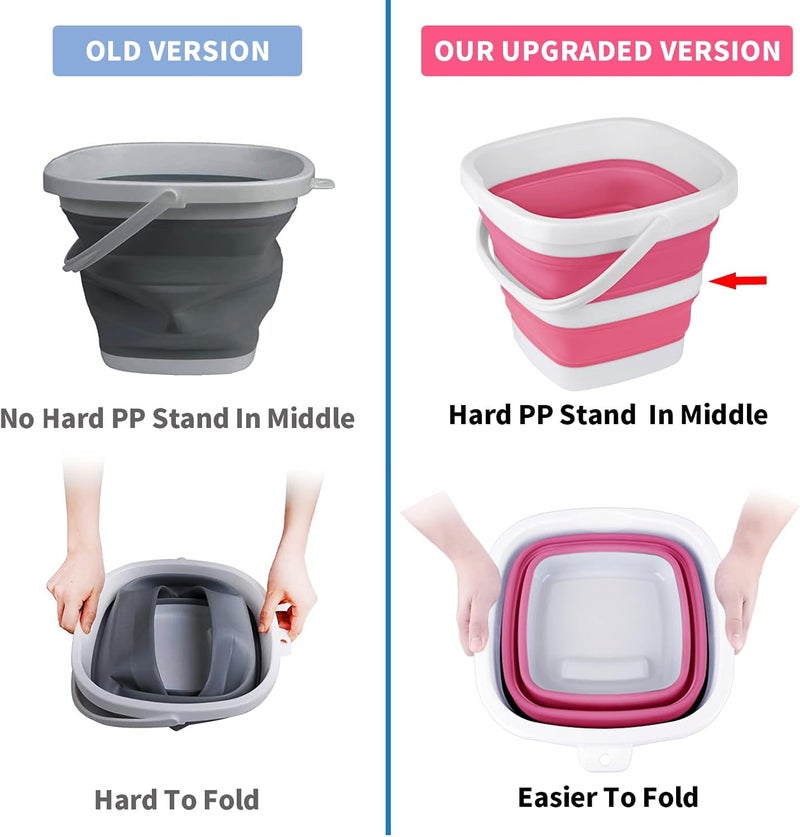 Craftend عبوة من 2 دلو قابل للطي سعة 5 لتر (1.3 جالون) دلو تنظيف صغير للاستخدام المنزلي دلو بلاستيكي محمول للاستخدام الخارجي حوض غسيل سيارات قابل للطي للتخييم والشاطئ والرمل والماء وعاء دلو موفر للمساحة مربع رمادي ووردي - Image 3