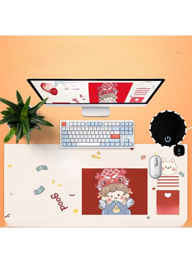 Mouse Pad Heating Multi-functional Fresh Oversized Leather Heating Keyboard Pad Office Computer Desktop Warm Table Mat-Color:3C Smart 800 * 330mm Long Sitting Reminder Exquisite Packaging-Pattern:Shortcut Keys-unlimited Luck