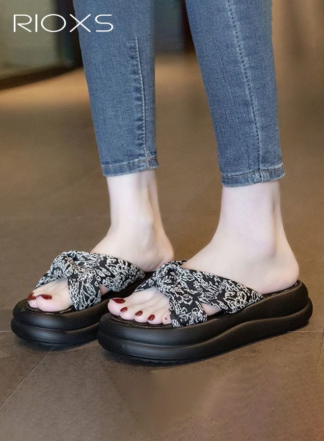 RIOXS Women's Casual Sandals, Breathable Outdoor Beach Flip-Flops, Chunky-Soled Non-Slip Bathroom Slippers, Open-Toe Bow-Tied Flat House Shoes, EVA Cushioned, Scent-Resistant, and Moisture-Wicking Sandals—Lightweight and Quick-Drying for Vacations, Walks, and Beach Trips，Beige and Black - Image 4