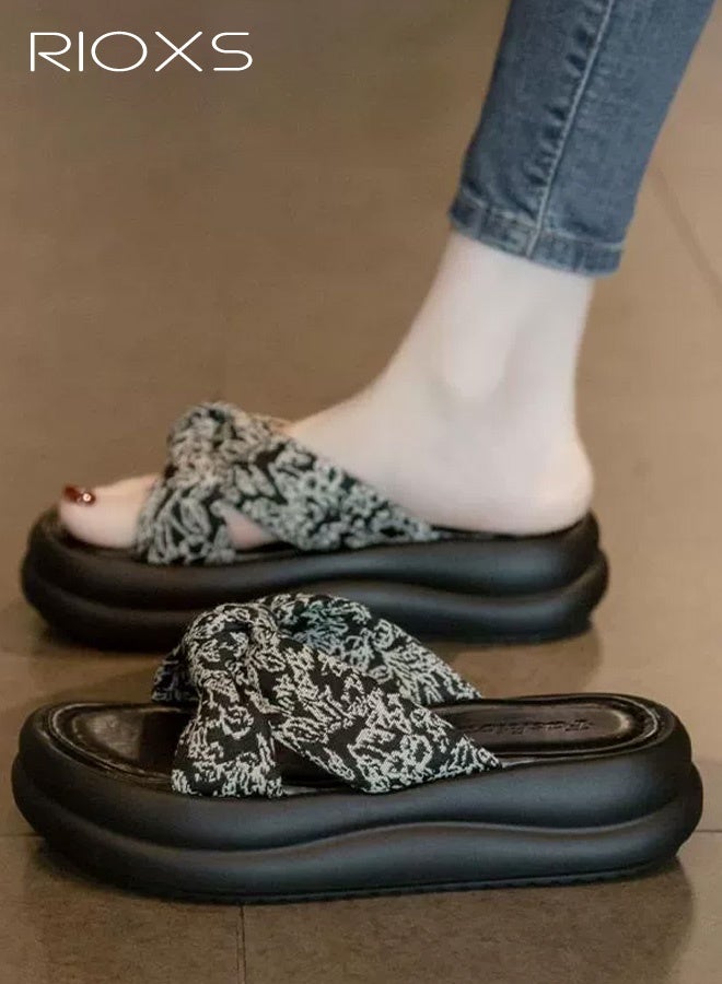 RIOXS Women's Casual Sandals, Breathable Outdoor Beach Flip-Flops, Chunky-Soled Non-Slip Bathroom Slippers, Open-Toe Bow-Tied Flat House Shoes, EVA Cushioned, Scent-Resistant, and Moisture-Wicking Sandals—Lightweight and Quick-Drying for Vacations, Walks, and Beach Trips，Beige and Black - Image 1