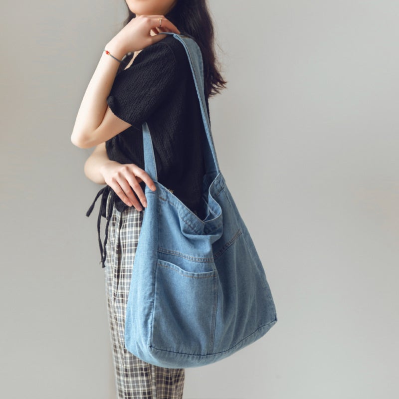 Washed denim bag, large capacity crossbody bag, student class shoulder bag   Light Blue - Image 4