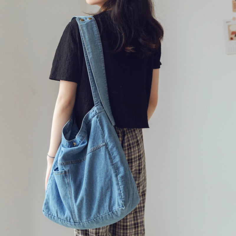 Washed denim bag, large capacity crossbody bag, student class shoulder bag   Light Blue - Image 3