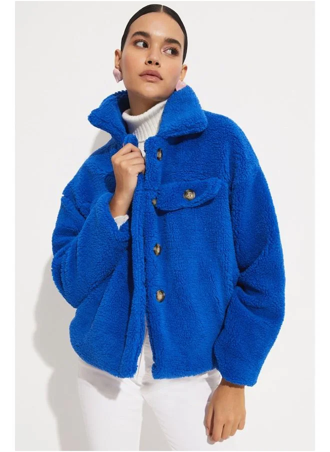 جون June Button Detailed Plush Coat Saxe