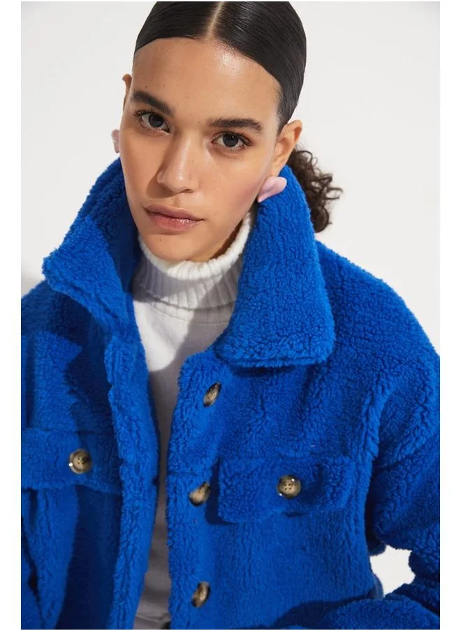 جون June Button Detailed Plush Coat Saxe