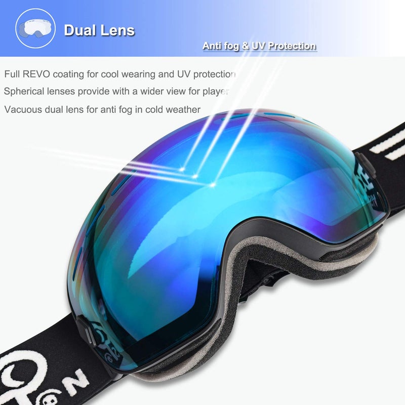 EXP VISION نظارات تزلج على الثلج EXP VISION للرجال والنساء والشباب، مضادة للضباب OTG نظارات شتوية للثلج عدسة كروية قابلة للفصل (زرقاء) - Image 4