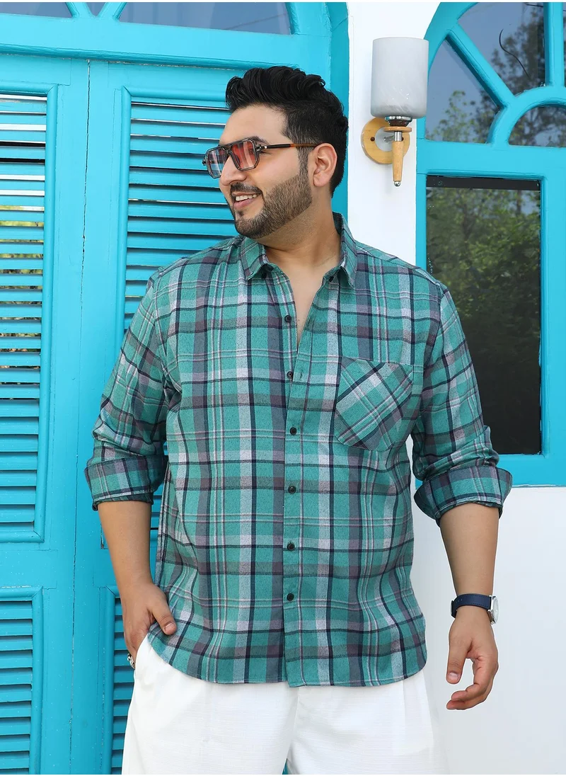 انستافاب بلس Instafab Plus Men's Forest Green Tartan-Utility Shirt For Casual Wear | Spread Collar | Long Cuffed Sleeves | Button Closure | Plus Size Shirt Crafted With Comfort Fit For Everyday Wear