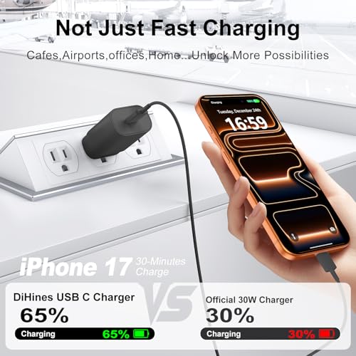 DiHines 30W USB C Phone 15 Charger Fast Charging Block for iPhone 15/15 Pro Max/15 Pro/15 Plus/Samsung Galaxy S23 Ultra/S23/S23+/S22/S22 Ultra/S22+/S21 Ultra/S20 Ultra/Note 20 & 6.6Ft USB C Charger Cable - Image 3