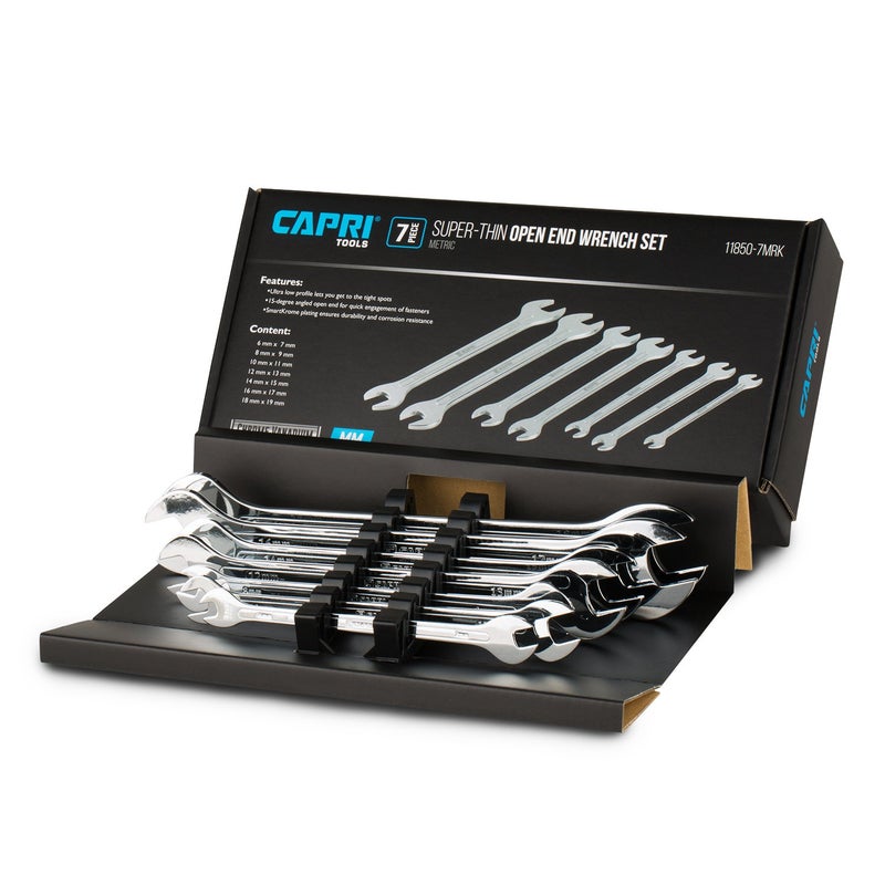 Capri Tools Super-Thin Open End Wrench Set, Metric, 6 to 19 mm, 7-Piece (11850-7MRK) - Image 1
