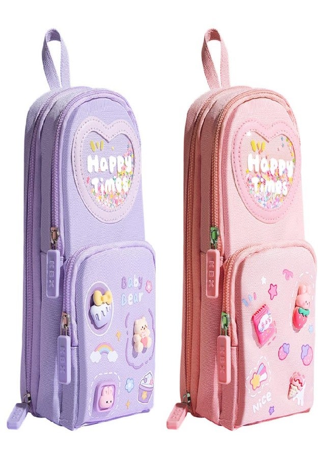 VIHAX Multifunctional Pencil Case, 6 Layer, 3 Compartments, Large Capacity, Cute Aesthetic Design for Girls, Pouch for School Kids, Purple (Pink+Purple) - Image 1