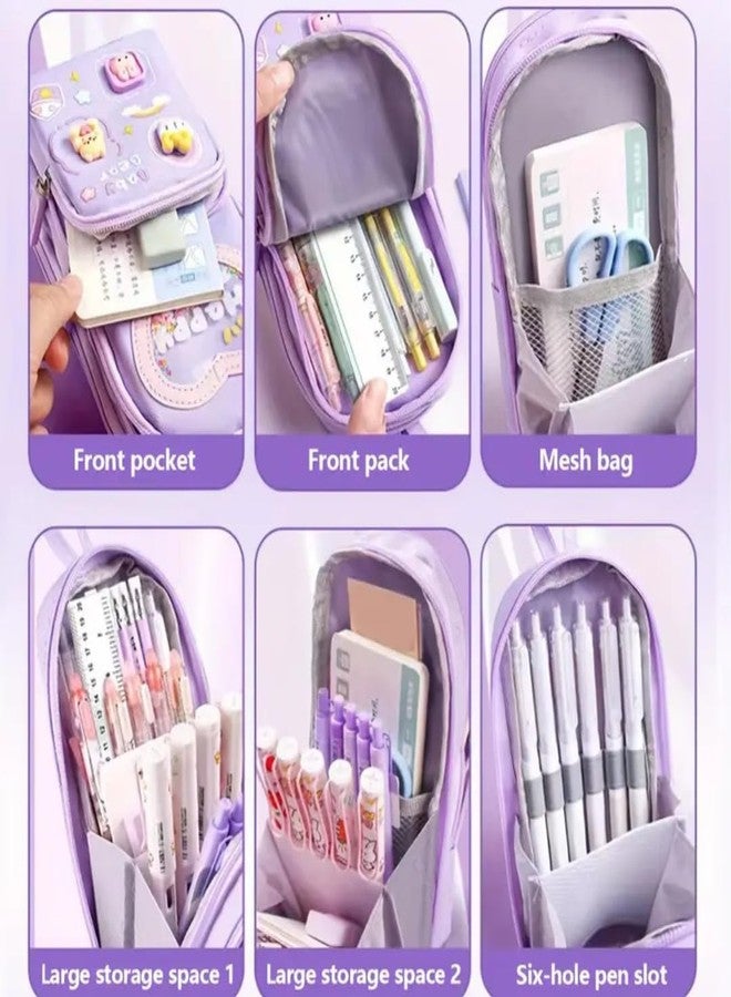 VIHAX Multifunctional Pencil Case, 6 Layer, 3 Compartments, Large Capacity, Cute Aesthetic Design for Girls, Pouch for School Kids, Purple (Pink+Purple) - Image 4