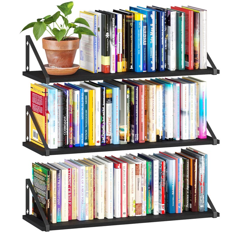 BAMEOS 24X8 Floating Shelves Rustic Wood Wall Shelf Set of 3Bookshelf for Living Room Office and Bedroom with Metal Bracket