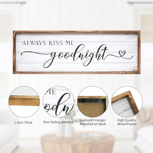 JUMBO DECOR Always Kiss Me Goodnight Sign for Bedroom Wall Decor, Large Farmhouse Bedroom Sign with Solid Wood Frame for Couples, Love Theme Above Bed Wall Decor, 27.5" W x 9.5" H - Image 2