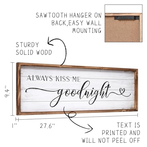 JUMBO DECOR Always Kiss Me Goodnight Sign for Bedroom Wall Decor, Large Farmhouse Bedroom Sign with Solid Wood Frame for Couples, Love Theme Above Bed Wall Decor, 27.5" W x 9.5" H - Image 3