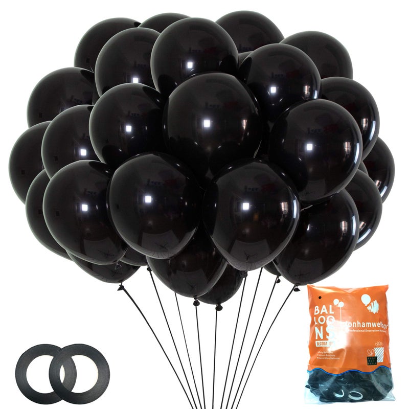Jonhamwelbor Black Balloons 12 inch 100 Pack Black Latex Metallic Chrome Balloons for Birthday Halloween Graduation Baby Shower Party Decorations with Ribbon - Image 3