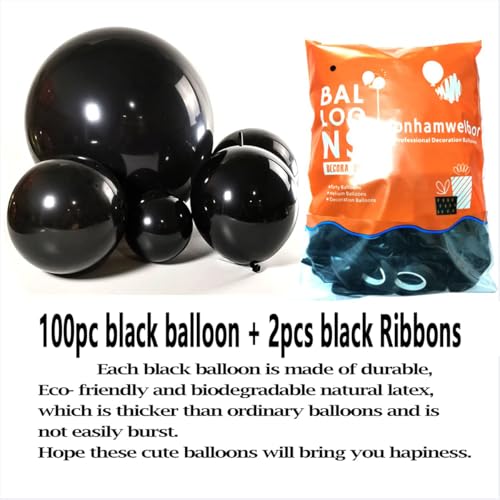 Jonhamwelbor Black Balloons 12 inch 100 Pack Black Latex Metallic Chrome Balloons for Birthday Halloween Graduation Baby Shower Party Decorations with Ribbon - Image 5