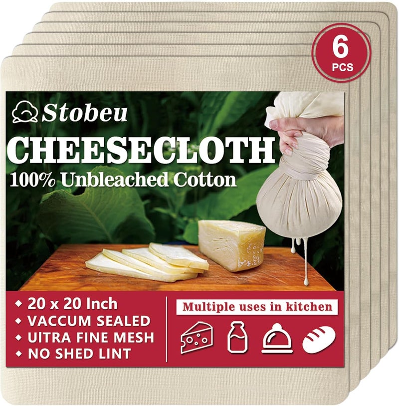 Stobeu 6Pcs Cheese cloths,Reusable Grade 100 Cheesecloth for Straining,Ultra Fine Mesh Cheese Cloth for Cooking,20x20 Inch Pure Unbleached Cotton Cloth Strainer for Juicing,Baking,Cheese Making (6PCS 20x20") - Image 1