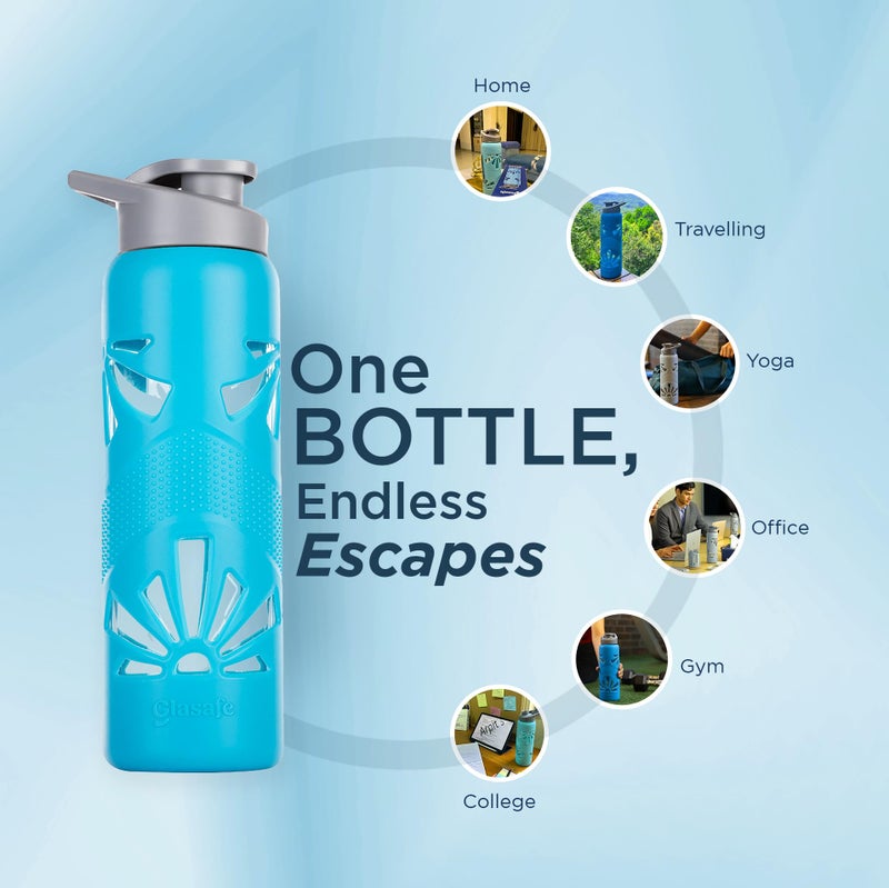 GLASAFE Glass Water Bottle w/t Protective Silicone Cover | Break - Resistant Design |Water Bottle for Office/Gym/College|Leak-Proof Cap|100% Borosilicate Glass|750ml, Pack of 3,Tint Hues - Image 2