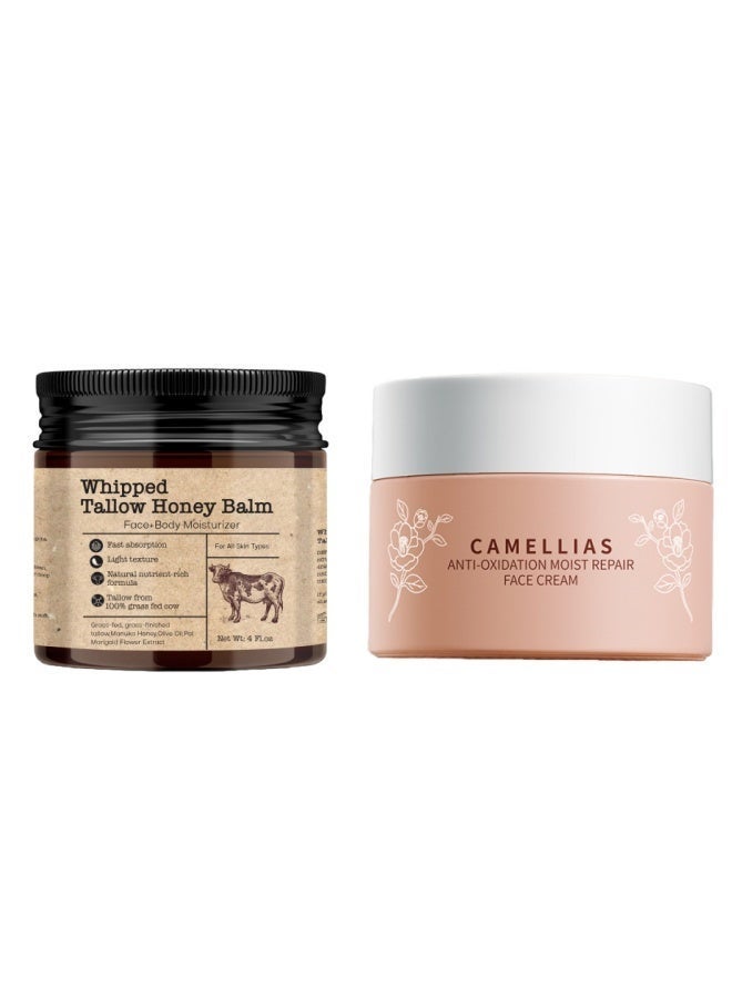 BIOAOUA Two-piece Skincare Set / Camellia Cream & Tallow Moisturizing Cream, antioxidant cream, moisturizing repair cream, skin repair, improves skin radiance, beautifying cream, deep nourishment, long-lasting hydration, suitable for all skin types, can be used on the whole body. - Image 1