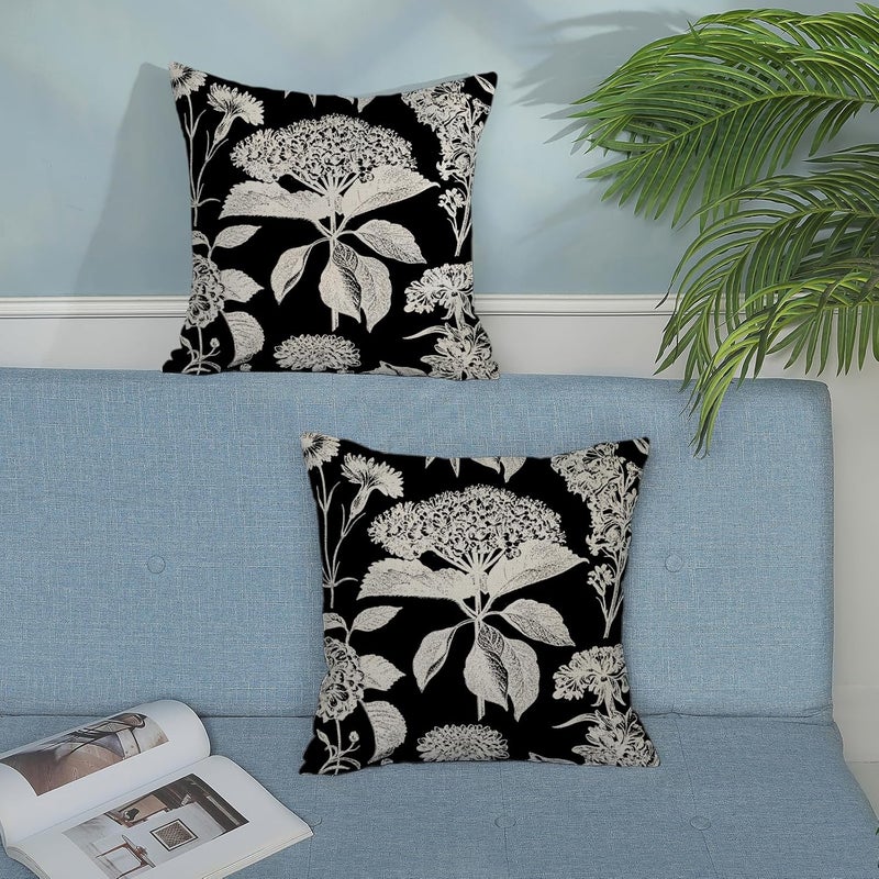 GOLIANDA Black Pillow Covers 18x18 Inch Set of 2 Vintage Boho Floral Hydrangea Herbs Botanical Throw Pillows Outdoor Flower Decoration Pillowcase Linen Farmhouse Cushion Case Decorative for Couch Sofa - Image 4