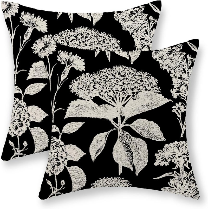 GOLIANDA Black Pillow Covers 18x18 Inch Set of 2 Vintage Boho Floral Hydrangea Herbs Botanical Throw Pillows Outdoor Flower Decoration Pillowcase Linen Farmhouse Cushion Case Decorative for Couch Sofa - Image 1