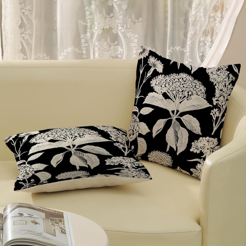 GOLIANDA Black Pillow Covers 18x18 Inch Set of 2 Vintage Boho Floral Hydrangea Herbs Botanical Throw Pillows Outdoor Flower Decoration Pillowcase Linen Farmhouse Cushion Case Decorative for Couch Sofa - Image 5