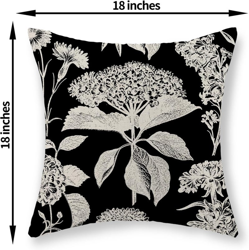 GOLIANDA Black Pillow Covers 18x18 Inch Set of 2 Vintage Boho Floral Hydrangea Herbs Botanical Throw Pillows Outdoor Flower Decoration Pillowcase Linen Farmhouse Cushion Case Decorative for Couch Sofa - Image 2