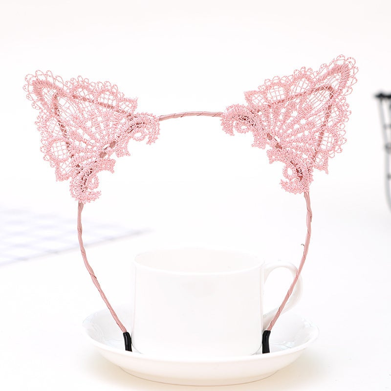 Generic Lace Cute Cat Ear Hair Band Womens Face Wash Hair Clip Rabbit Ear Headband Sweet Internet Celebrity Simple Hair Accessories 11# lace-lotus root starch 