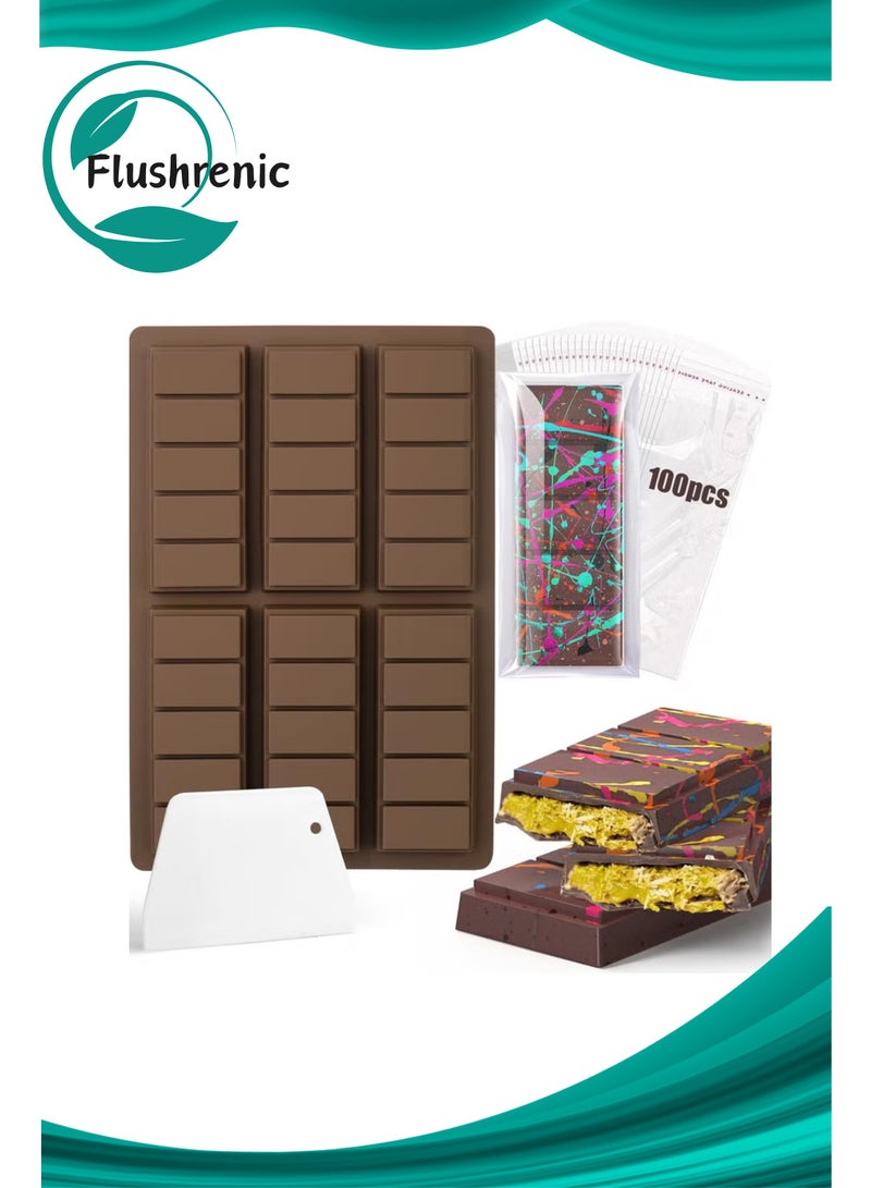 Flushrenic Chocolate Bar Mold,Non-Stick Silicone Chocolate Candy Molds,for Filling Pistachio Chocolate Bar,with Bags Scraper and 100pcs Storage Bags - Image 1