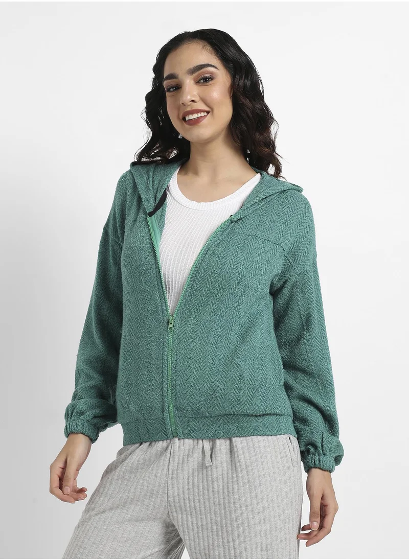 Campus Sutra Zip-Front Chevron Hoodie With Elasticated Hem