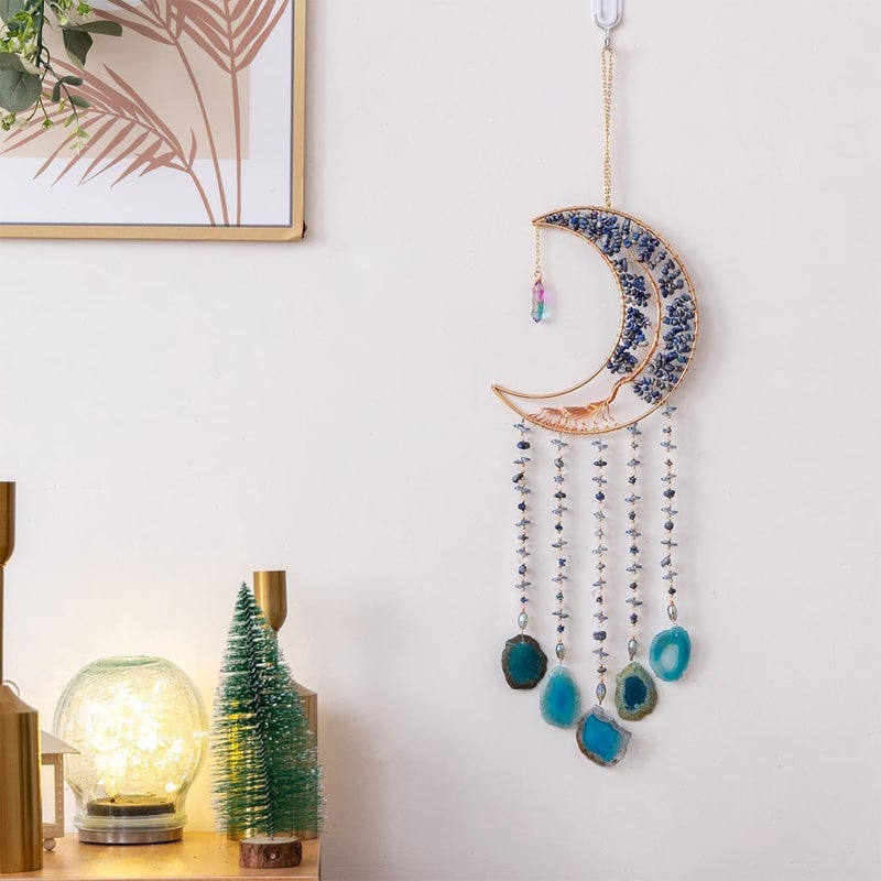Dreamsum Agate Moon Dream Catchers with Crystal 7 Chakra Gemstone Dream Catchers Color Natural Gem Agate Wall Hangings Room Garden Dreamcatchers Decor (Lake Blue) - Image 2