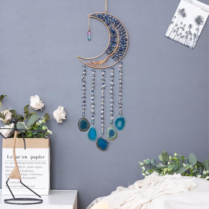 Dreamsum Agate Moon Dream Catchers with Crystal 7 Chakra Gemstone Dream Catchers Color Natural Gem Agate Wall Hangings Room Garden Dreamcatchers Decor (Lake Blue) - Image 3